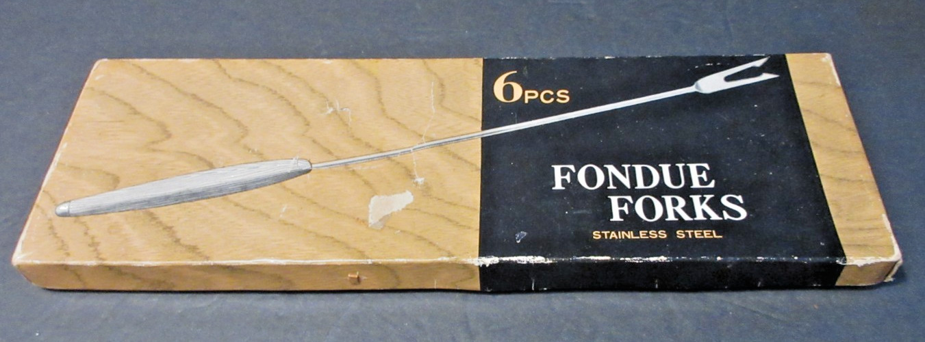 VINTAGE MCM Set of 6 Stainless Steel Fondue Forks w/Wooden Handles Original Box