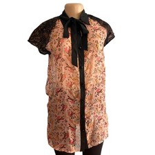 Disneyland  Womens Hong Kong Minnie Floral Sheer Blouse with Black Lace and Bow 