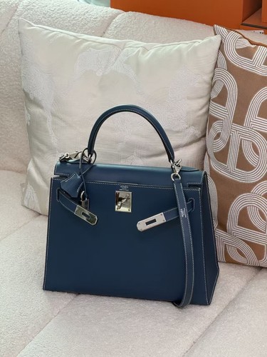 AUTH Hermès Kelly 28 Prussian Blue Box Leather Silver HW Top Handle Shoulder Bag