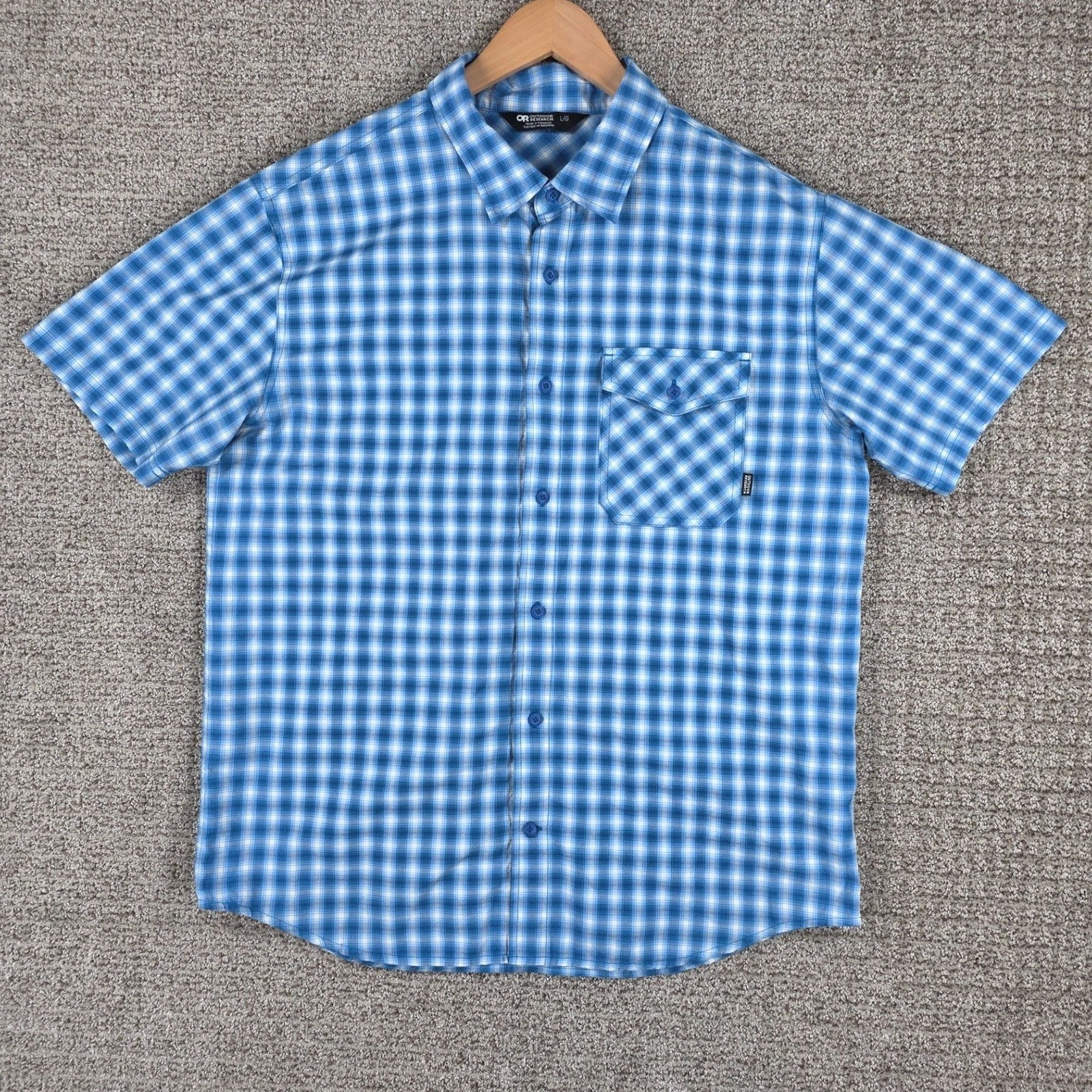 Outdoor Research Seapine Mens Large Blue Plaid Short Sleeve Button Hiking Shirt