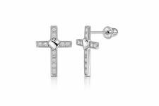 14K Yellow or White Gold Heart CZ Cross Earrings