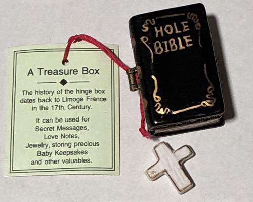 Vtg. Limoge Porcelain Bible Hinge Box w/Cross Inside “Hole Bible” Typo Misprint