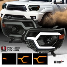 Toyota Tacoma Smoked Headlights Fit 2012-2015 Toyota Tacoma Black Smoke Sequential LED Tube Projector Headlights