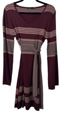PRANA Brown Striped Sydney Bell Sleeve Belted Knit V-Neck Sweater Dress - M. D11