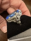 Antique Vintage Gryphon Griffin Dragon Blue Glass Sterling Silver Ring Size 8.5
