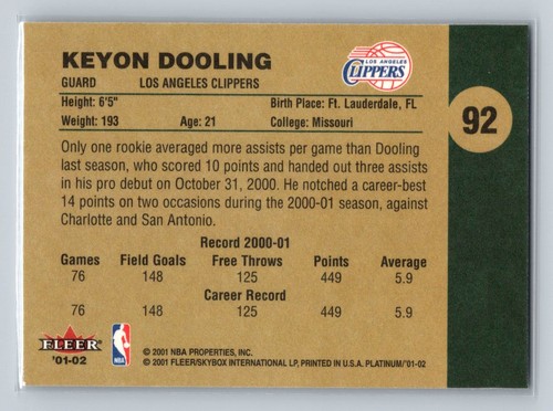 2001-02 Fleer Platinum #92 Keyon Dooling Los Angeles Clippers - NM/MT - Picture 2 of 2