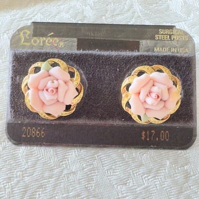 Loree Rose Clip Earrings NWT Vintage Pink Flowers on Gold Toned Braided Back