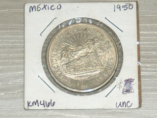 1950 Mexico/Mexican 5 Pesos–Silver .720–Southeastern Railroad/Train AU/UNC? RARE