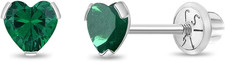 CZ Simulated Birthstone Heart Kids Earrings - 14K White Gold Earrings for Girls