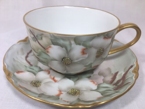 Hutschenreuther Selb Germany Handpainted Dogwood CUP &amp; SAUCER Signed M. Brooks 