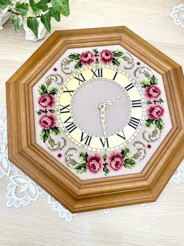 Vintage Germany Quartz Wall Clock Handmade Wood Tapestry Embroidery 1960s - Picture 2 of 9