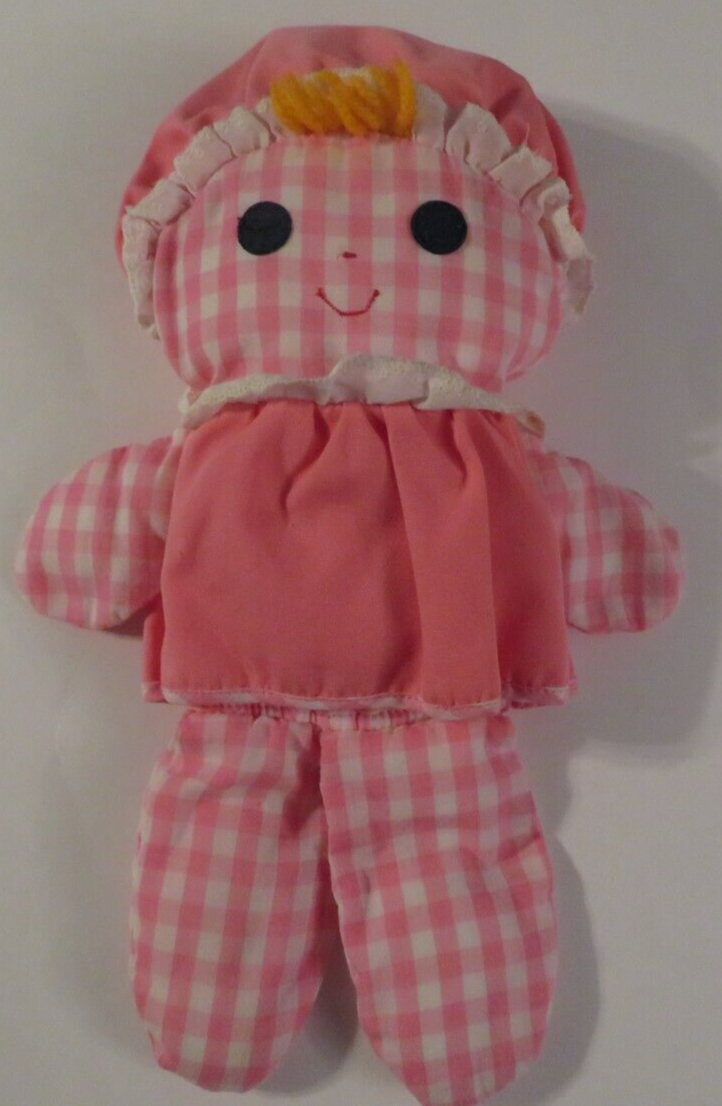 Fisher Price vintage 1975 Lolly Dolly Doll 420 Pink Check Gingham Rattle eBay