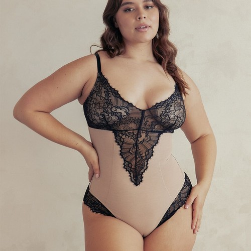 Pinsy Smoothing Lace Shapewear Bodysuit Beige Noir Size XL NWT - Picture 3 of 10