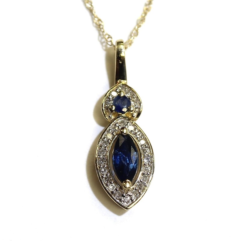 New 10k yellow gold .10ct VS1 H diamond Natural sapphire pendant necklace 1.1g
