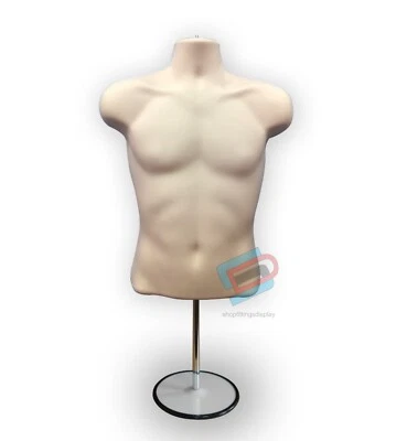 SHOPFITTINGS DISPLAY SKIN Male Mannequin Body Form Hanging Torso Bust Display Plastic with Stand 3/4