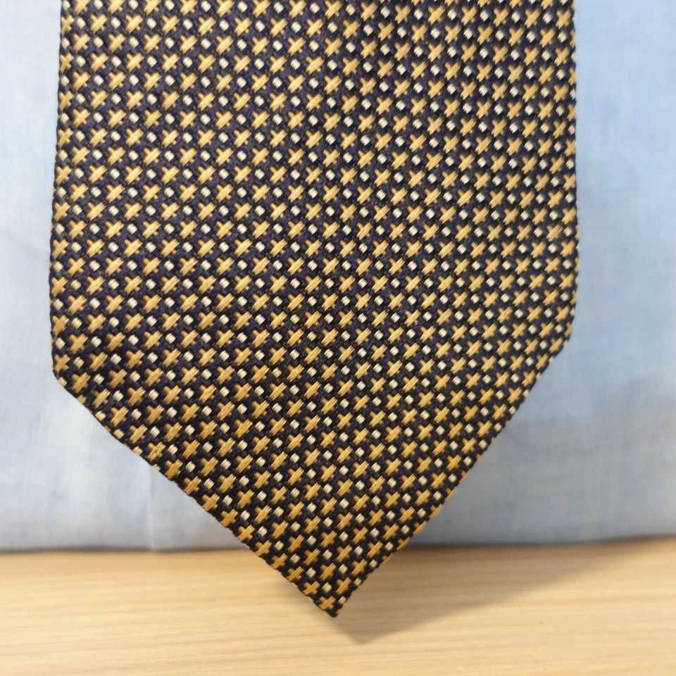 Mens Neck Tie NISHIJIN ORI Blue Gold Basketweave Silk Suit Wide Short YACE Japan - Image 2 of 4
