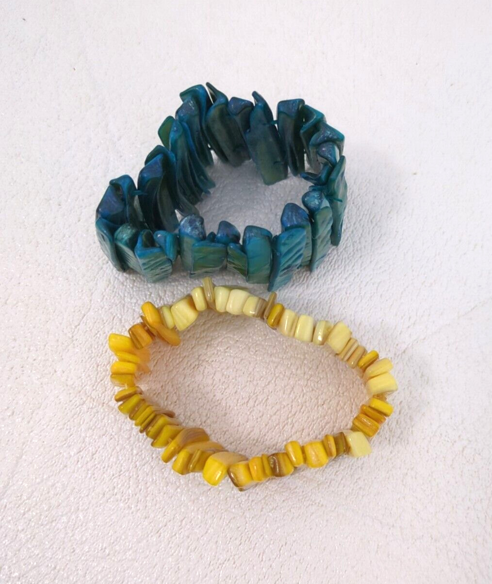 2 Shell Stretch Cuff Bracelets Iridescent Turquoi… - image 10
