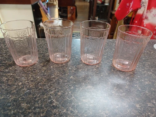 Set Of 4 Vintage Mayfair Open Rose Pink Depression Glass 4"  Tumblers