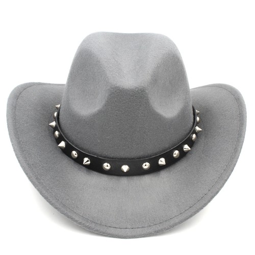 Men Women Wool Wide Brim Western Cowboy Hat Rivet Leather Belt Cowgirl Jazz Cap - Picture 11 of 29
