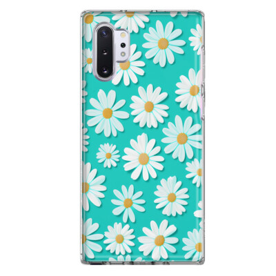 For Galaxy Note 10 Plus Shockproof Hybrid Case, Turquoise Teal White Daisy