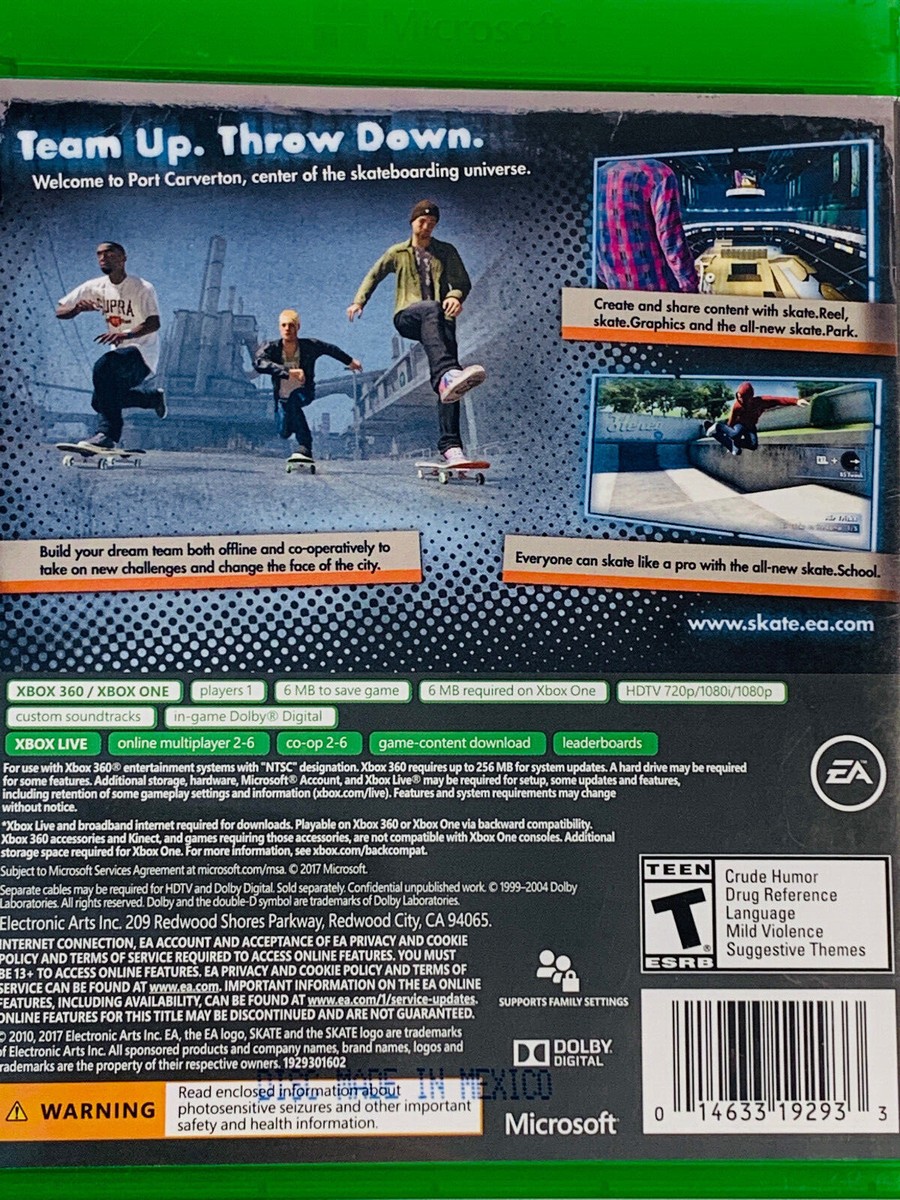 XBOX ONE Skate 3 2010 EA SPORTS Xbox One AND Xbox 360 CLEAN