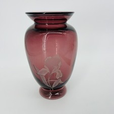Fenton Iris Purple Amethyst Flower Etched Lid Vase Signed And Stamped 7x4