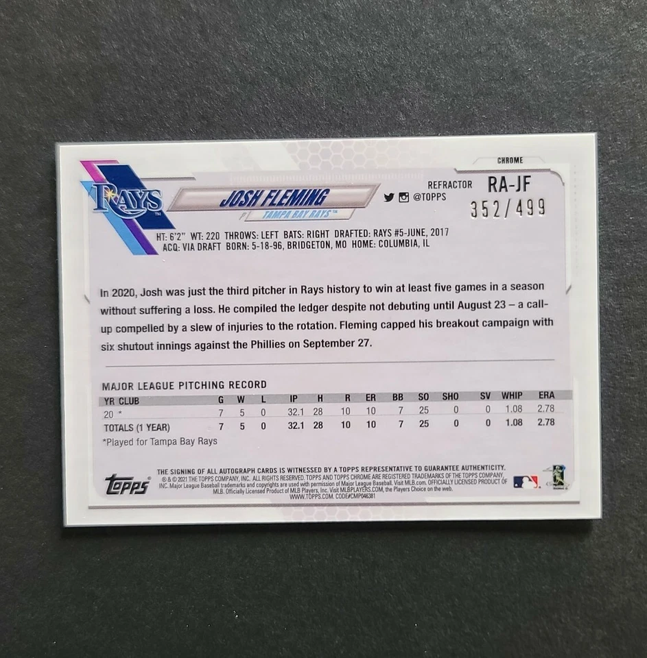 Josh Fleming 2021 Topps Chrome Baseball #RA-JF Refractor Auto RC SP #d/499 Rays - Image 2 of 2