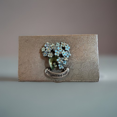 Kirks Folly Forget Me Not Business Card Case Holder Etched Antique Silver-tone