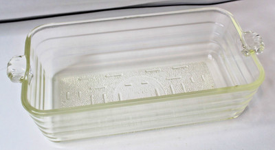 Vintage GLASBAKE #59 Clear Glass Loaf Pan Baking Dish Ornate Handles Ribbed USA
