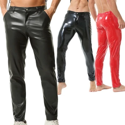 Pantalon en cuir PU aspect humide pour homme moto motard brillant PVC latex pantalon long - Photo 1/4