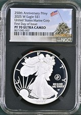 2025 P Silver Eagle Us Marine Corp 250th  Privy Ngc Pf70 First Day Issue Presale