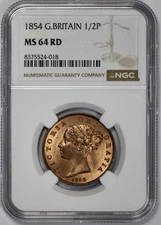 1854 Great Britain 1/2P Half Penny NGC MS 64 RD