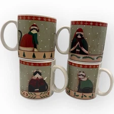 Oneida Sakura Holiday Cats Tuxedo Set 4 Fiddlestix Stoneware Mugs Coffee Cups