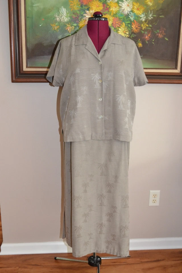 Maxi Vestido Vintage 100% Seda con Conjunto Top de Botones a Juego, Palmeras Verdes XL Foto 3 de 4