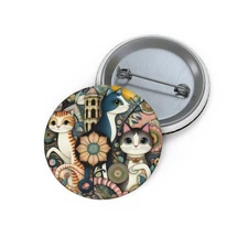 Cat Pin Buttons, Floral Cat Badge, Whimsical Feline Brooch, Cute Lapel Pin, Gift