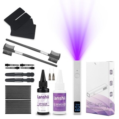 UV Hair Extension Kit w/ UV Lamp 30g Glue 30ml Remover & Eyebrow Comb Set