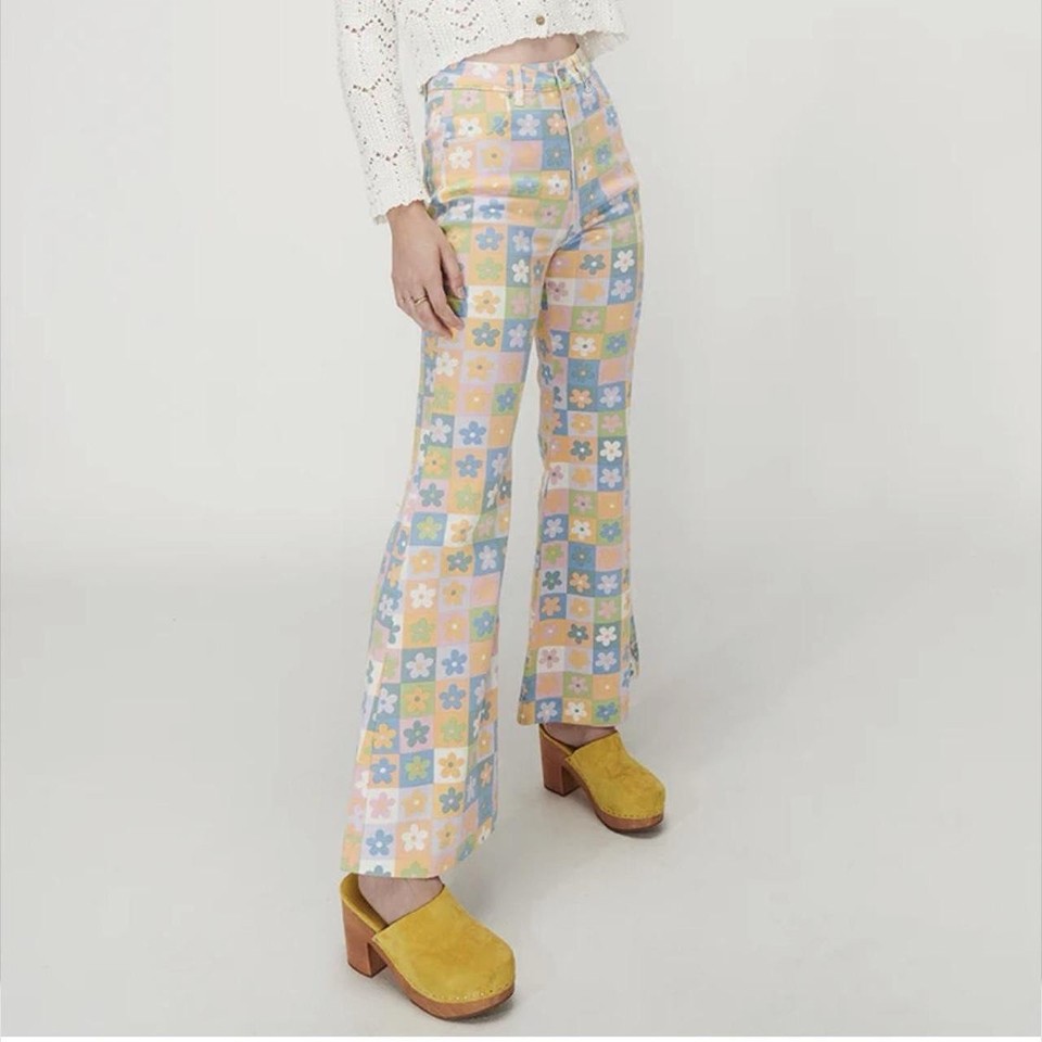 Ghanda Abbey Checker Daisy Floral Flared Jeans Multicoloured Size 6 Retro Disco