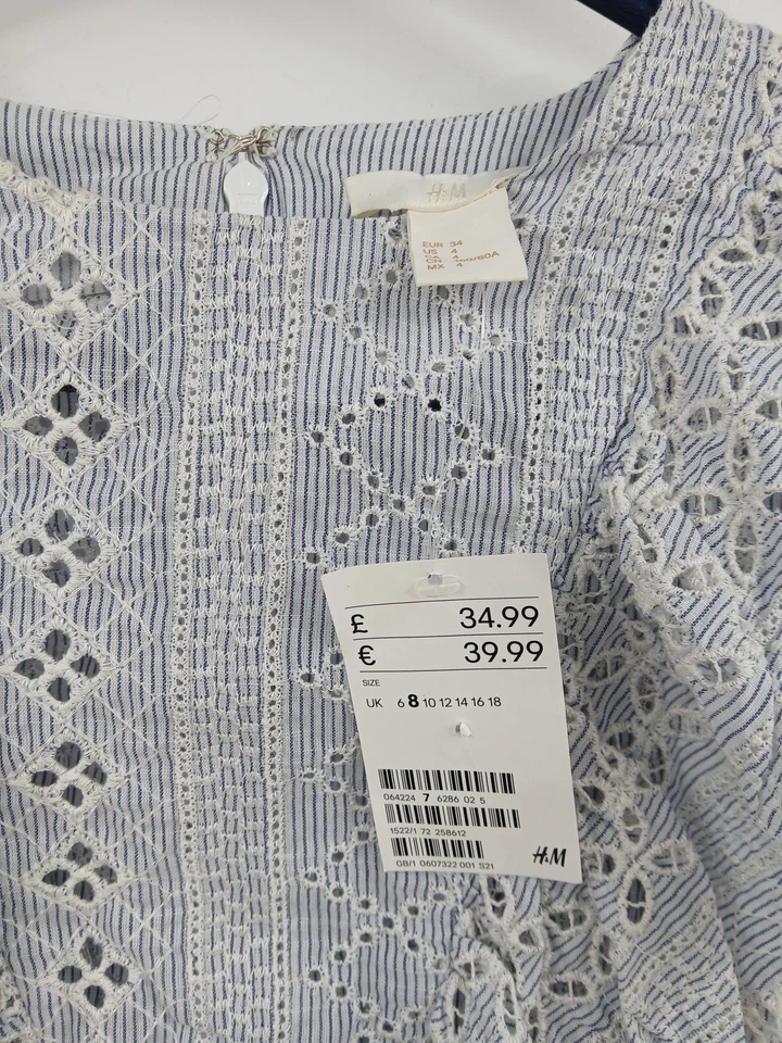 H&M Blue Striped Cotton Lace Blouse UK Size 8 Ruffled Long Sleeve Elegant - Image 3 of 4
