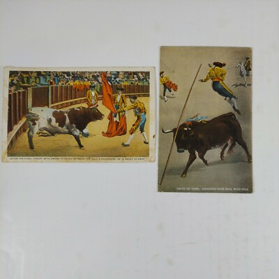 Vintage Bullfighting Postcard After the Final Thrust & Vaulting Over the Bull