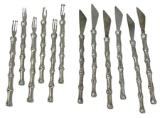 Vtg Silver Cocktail Knives and Forks Oyster Shrimp Trident Tip Bamboo Design MCM