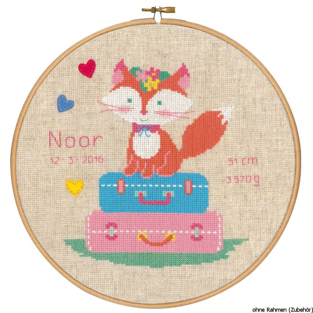 Vervaco cross stitch kit with Hoop counted ""Fox on the trip"", counted, DIY