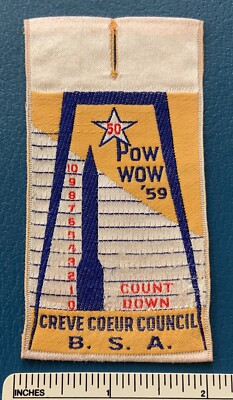 1959 CREVE COEUR COUNCIL Boy Scout Pow Wow Woven PATCH Rocket Countdown BSA 50th