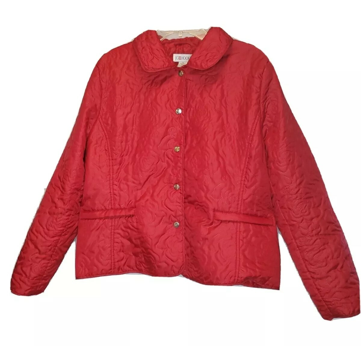 JG Hook Womens Red Lightweight Jacket Size XL Rose Pattern Snap Closure