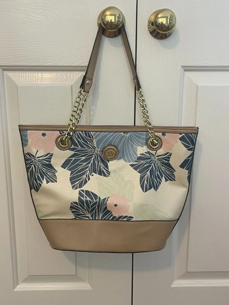 Anne Klein Bucket Tote With Chain Tan Beige Leaf Pattern Gold Hardware Large