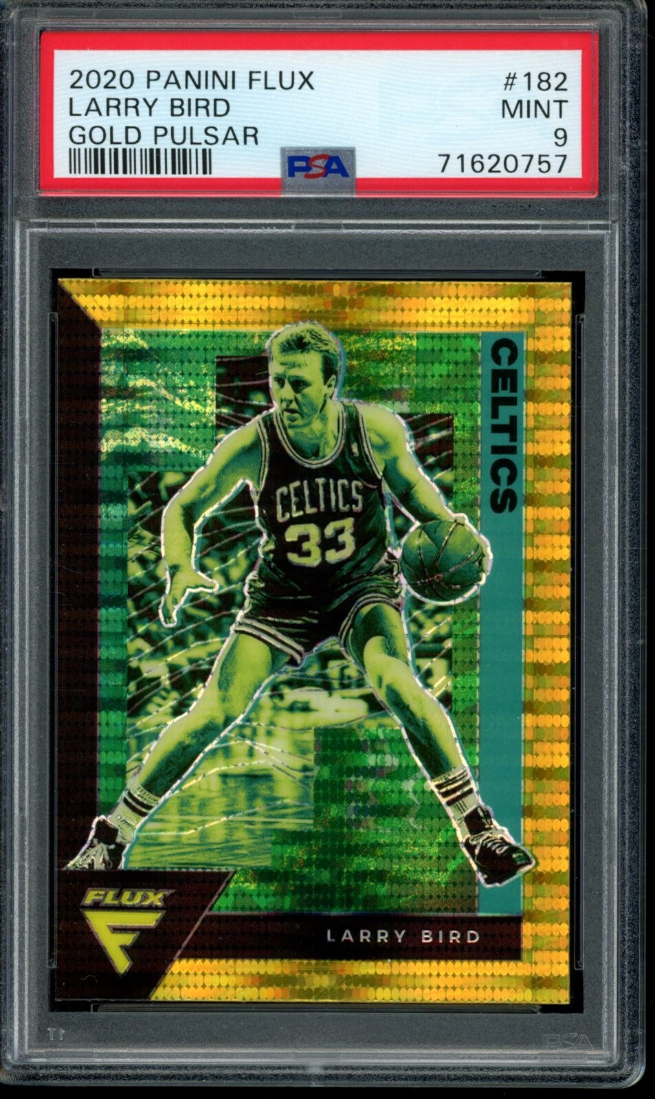 2020-21 Panini Flux #182 Larry Bird Gold Pulsar Prizm PSA 9 Mint Card