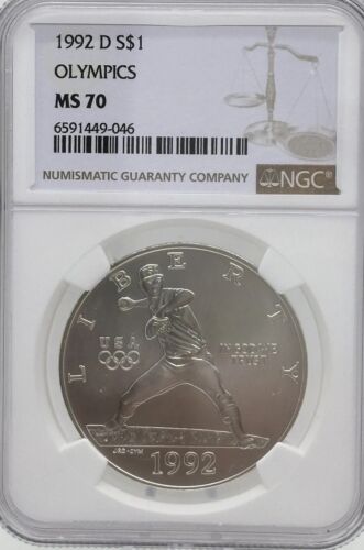 1992 D $1 SILVER OLYMPICS BASEBALL COMMEMORATIVE DOLLAR NGC MS70 BROWN LBL #593 - Picture 1 of 19