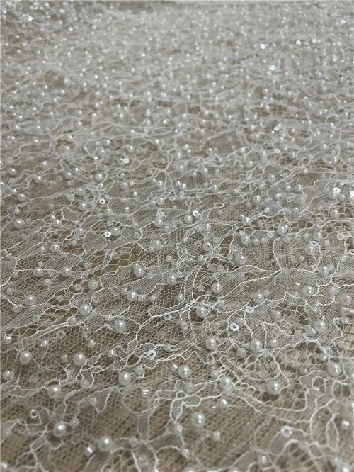 OFF WHITE Abito da sposa tessuto pizzo ricamo francese perline pesanti con perle Fabic