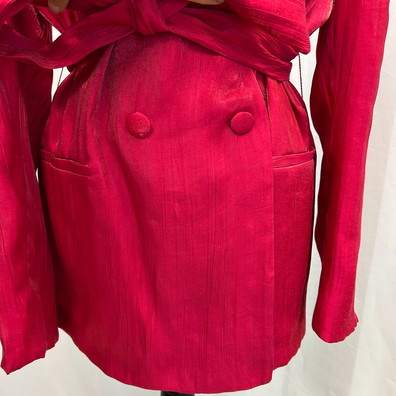 Zara Double Breasted Belted Tie Blazer Womens Medium Shiny Fuchsia Hot Pink NWOT image 5