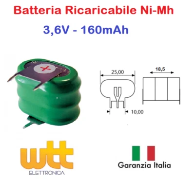 Batteria ricaricabile NI-MH 3,6V 160mAh circuito stampato 25x18.5x14.5mm