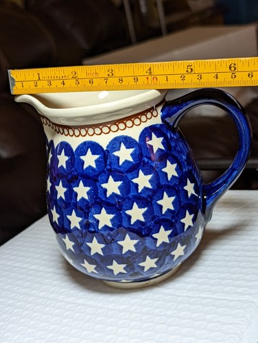 Handcrafted Boleslawiec Polish Pottery Star Blue White 6" Small Pitcher Creamer - Picture 9 of 10